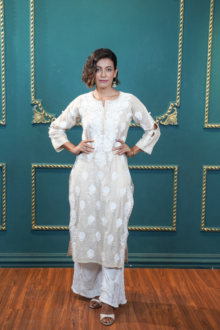 Eesha Premium Silver Tissue Chanderi 3D Chikankari Kurti