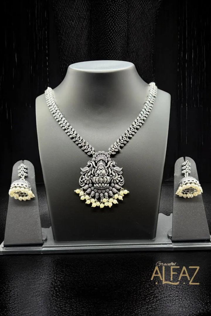 Devi Lakshmi Silver Oxidised Necklace With Earrings