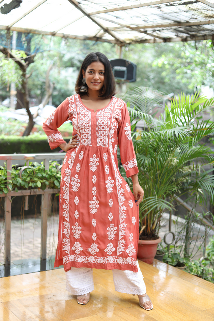 Fiza Premium Muslin Chikankari Nayra Cut Kurti