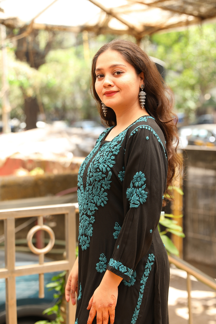 Kausar Rayon 3D Chikankari Designer Black  Multi