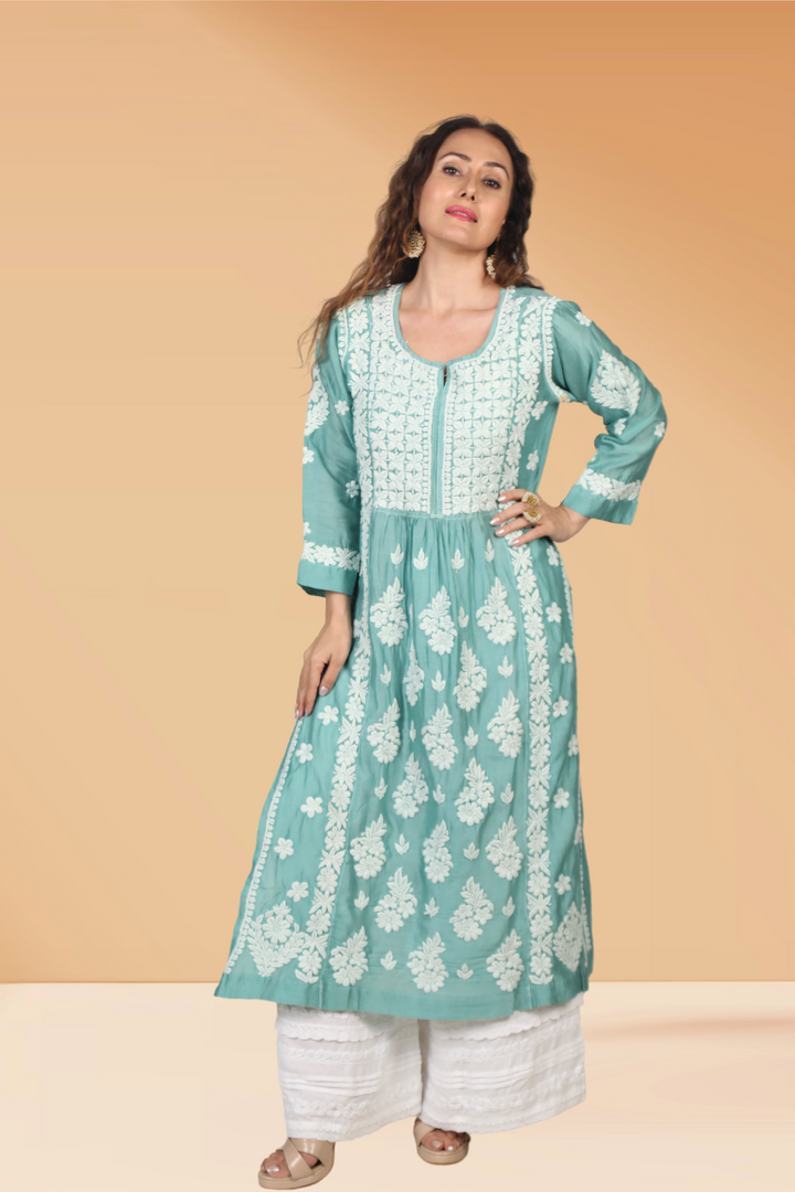 Elegant Mulmul Chanderi Chikankari Kurta - Sadia Mulmul Collection