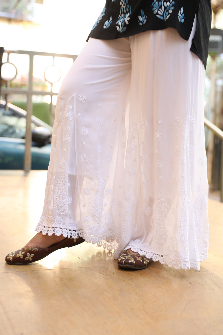 Mira Viscose Jaal Kalidar  Chikankari White Palazzo