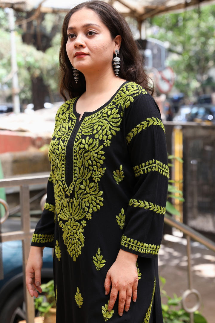 Naila  Rayon Black Multi Long Kurti Chikankari