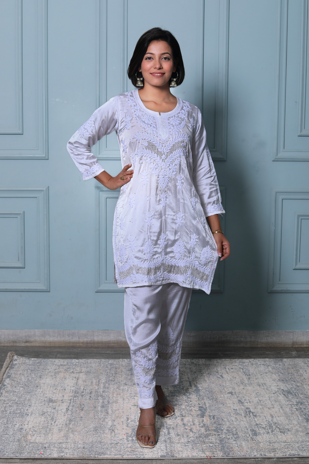 Nour White Modal Satin 3D Chikankari & Badla Work Pant Set