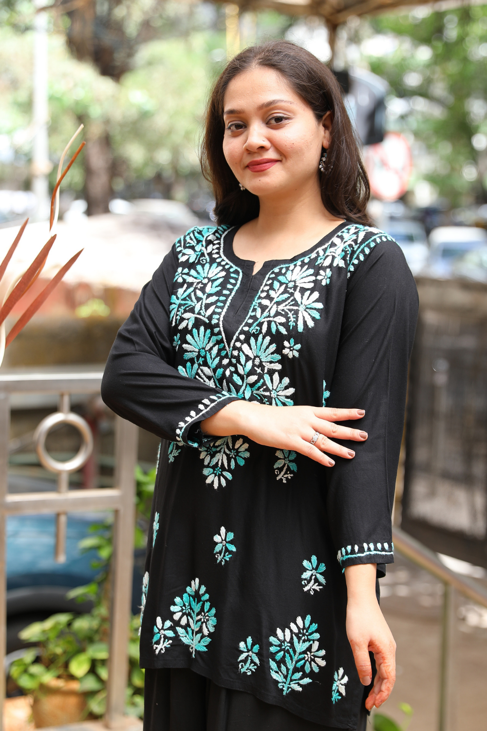 Ruvina Rayon Black Multi Chikankari Short Kurti