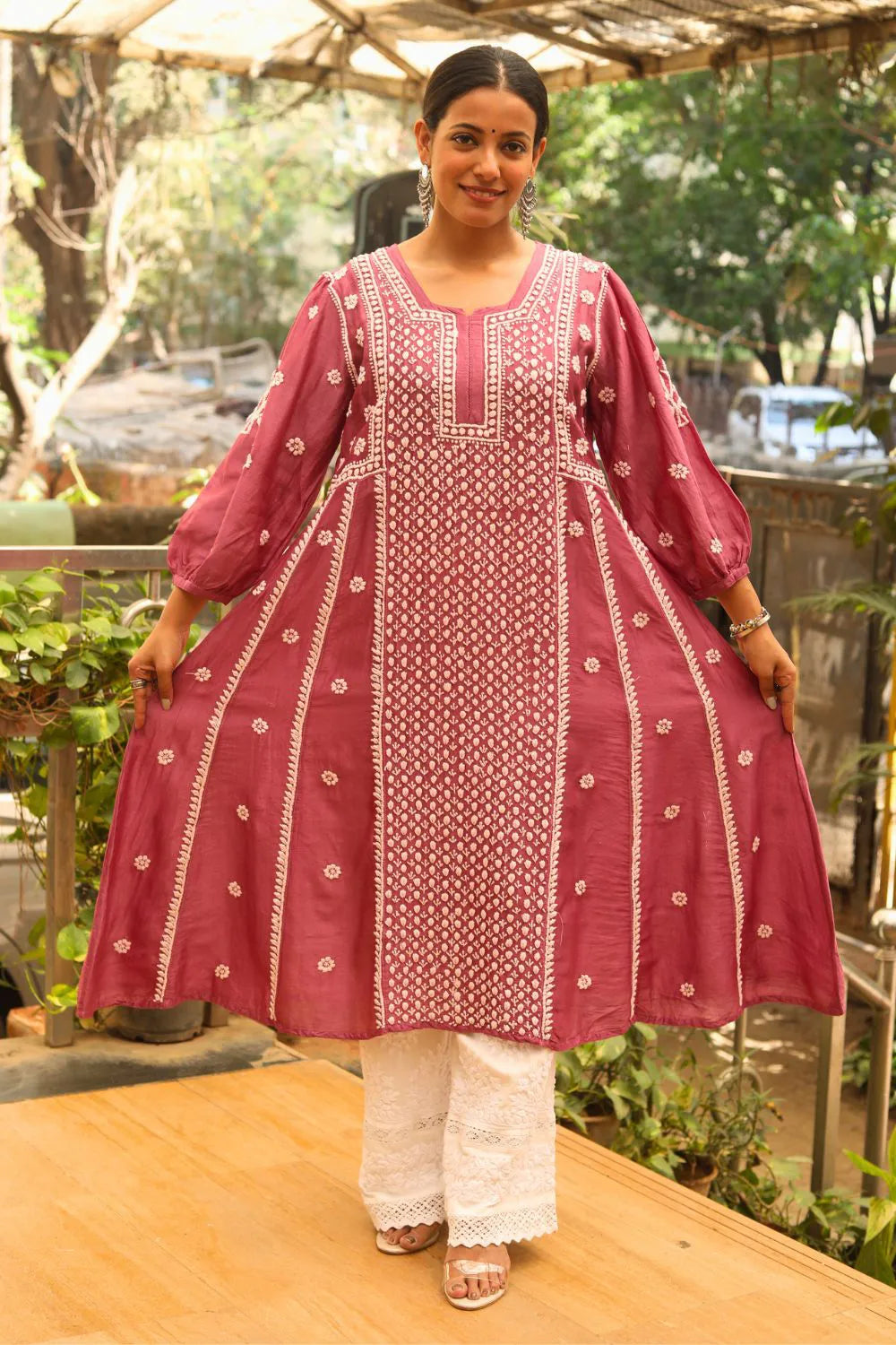 Malika Mul Chanderi Chikankari A Line Kurti