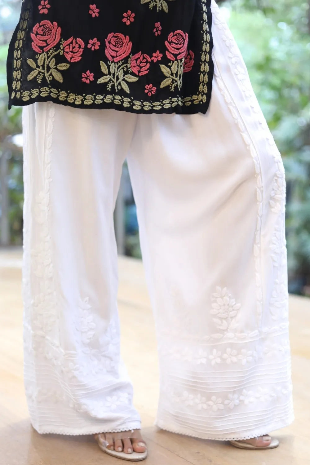Sonal 3D Chikankari Side Kali White Palazzo