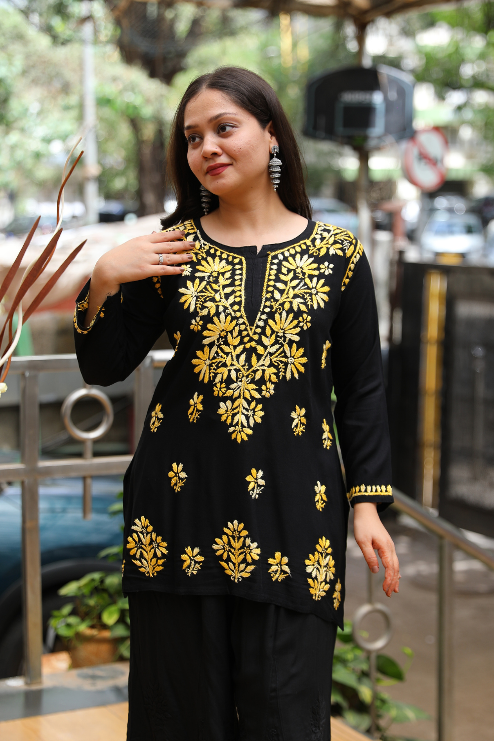Ruvina Rayon Black Multi Chikankari Short Kurti