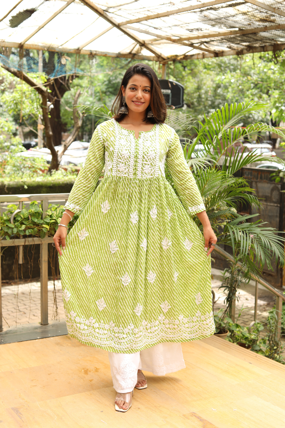 Jameela Mulmul Leheriya Print Chikankari A-line Gown | Lucknowi Chikankari Gown