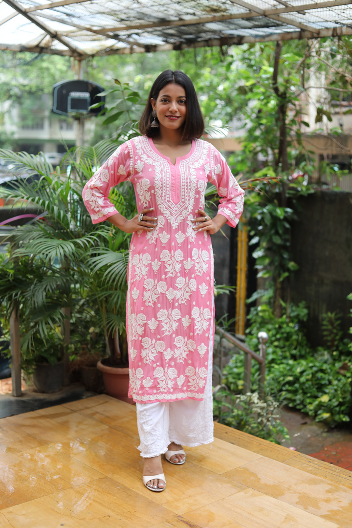 Lamis Premium Muslin Rose 3D Chikankari Kurti | Long Chikankari Kurtis