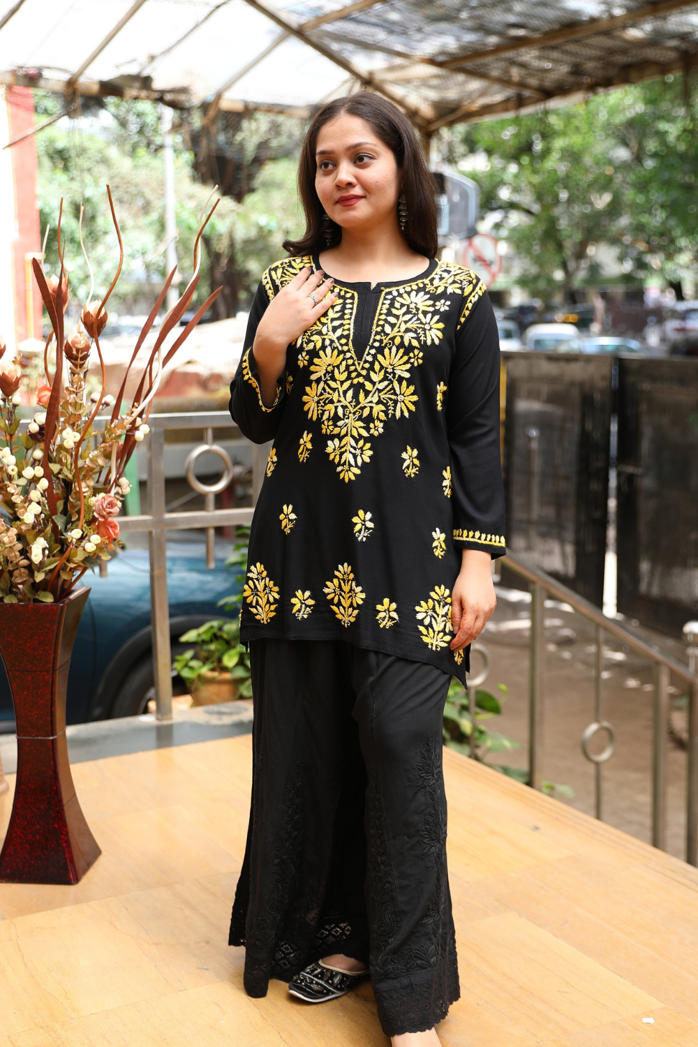 Ruvina Rayon Black Multi Chikankari Short Kurti