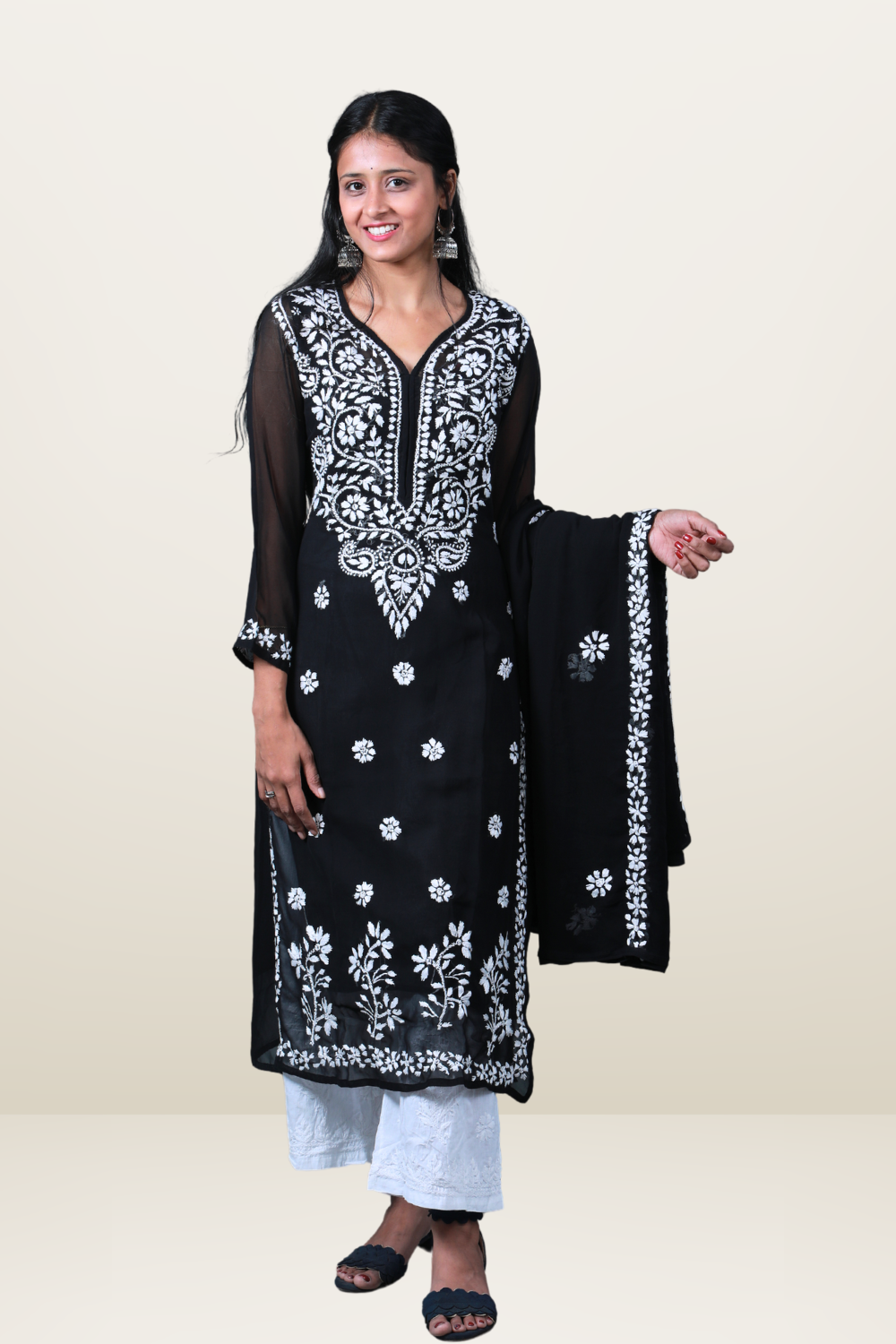 Mina Georgette Chikankari Kurti Dupatta Inner Set  | Chikankari Georgette Kurta