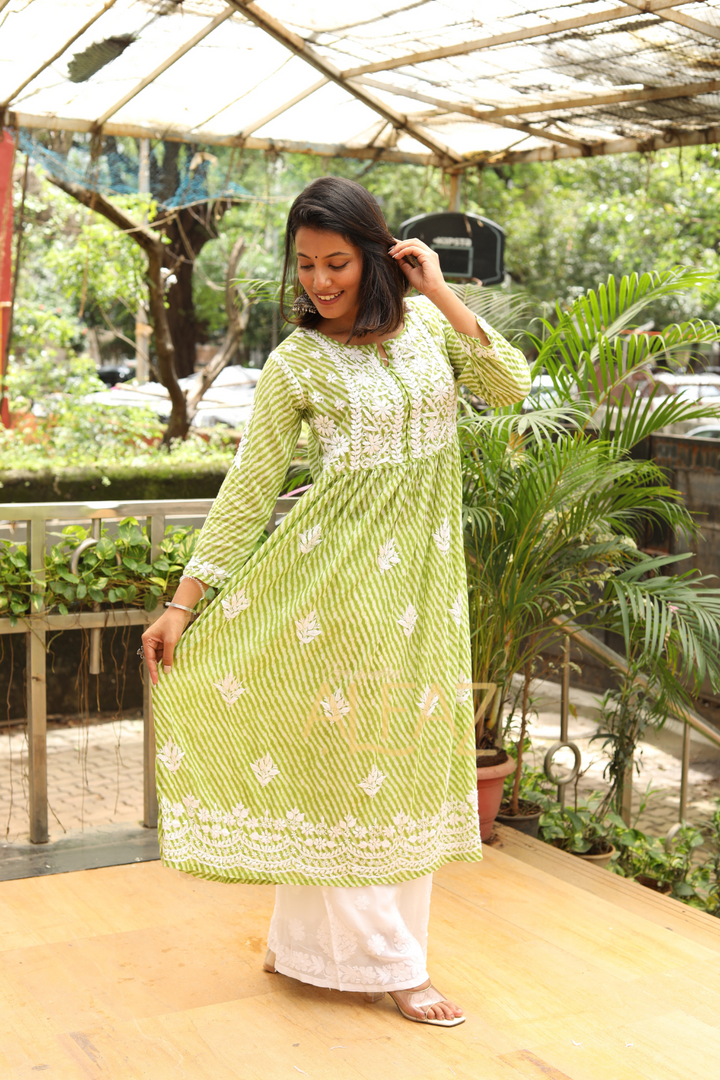 Jameela Mulmul Leheriya Print Chikankari A-line Gown | Lucknowi Chikankari Gown