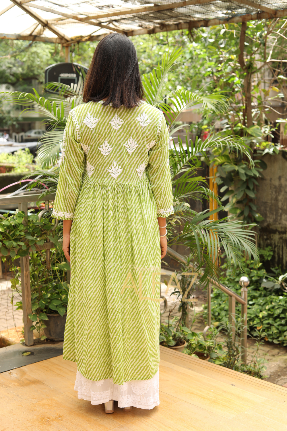 Jameela Mulmul Leheriya Print Chikankari A-line Gown | Lucknowi Chikankari Gown