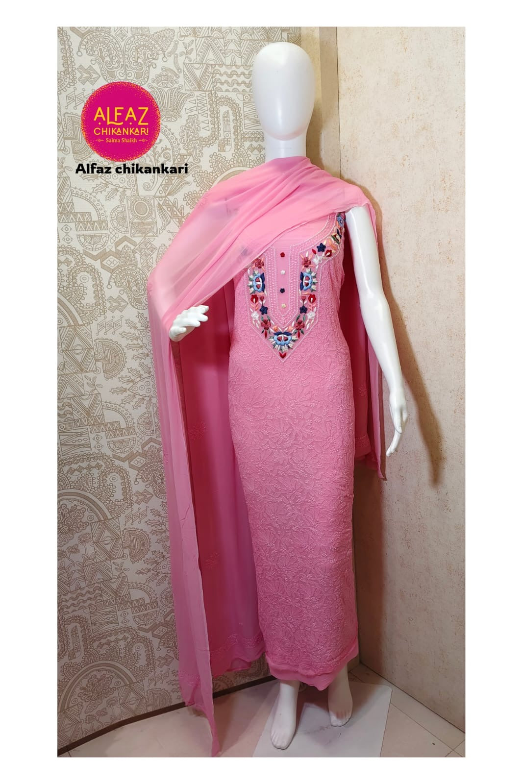 Urfi Hand Embroidered Red  Viscose  Lucknowi Chikankari Unstitched Kurta Dupatta Set With Parsi Ghara Work