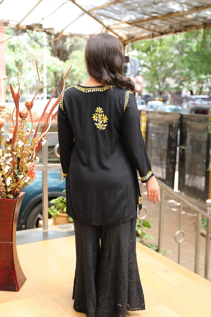 Ruvina Rayon Black Multi Chikankari Short Kurti