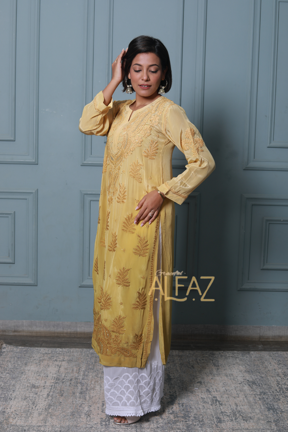 Ameera Premium Crepe Silk 3D Chikankari & Mukaish Kurti