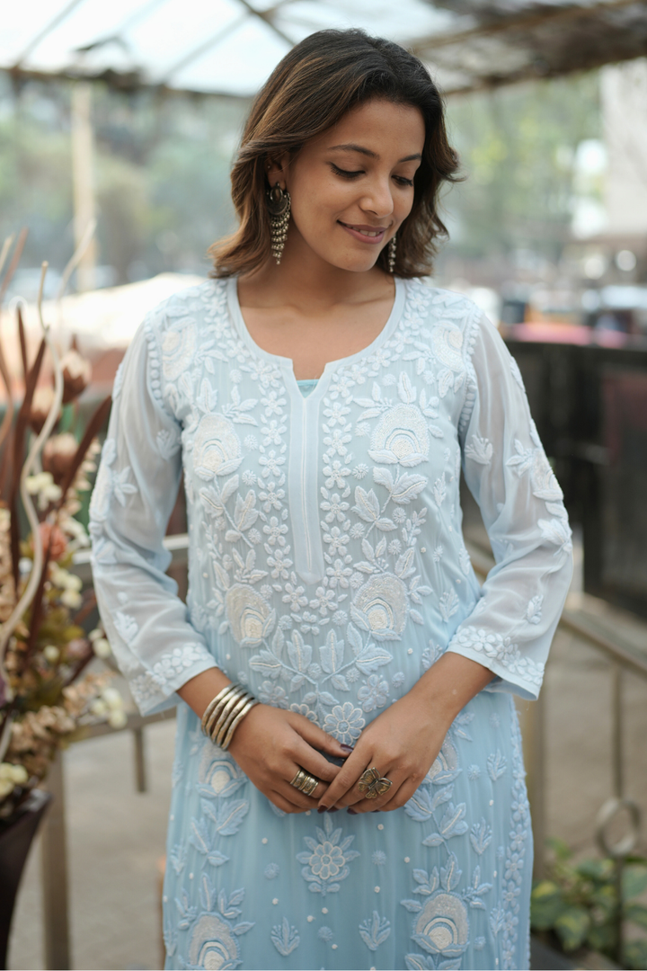 Lamis Viscose Designer Add On Cutdana And Pearl Work Chikankari Kurti