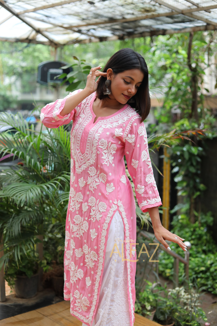 Lamis Premium Muslin Rose 3D Chikankari Kurti | Long Chikankari Kurtis