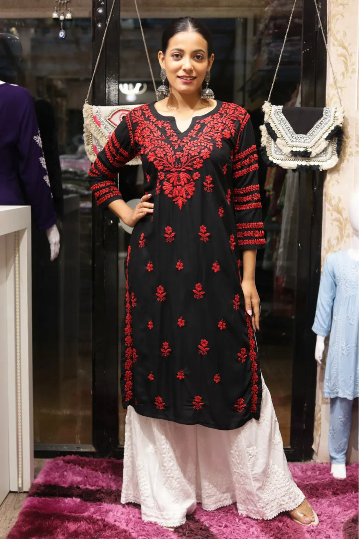 Kausar Rayon 3D Chikankari Designer Black Kurti