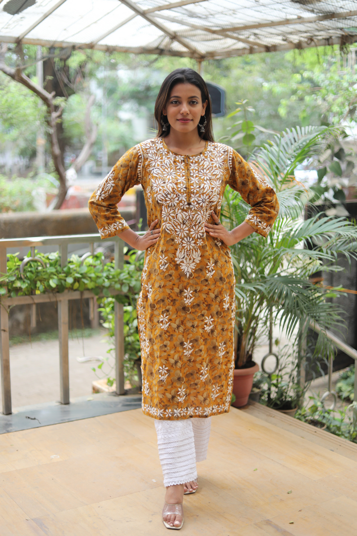 mustard mulmul chikankari kurta