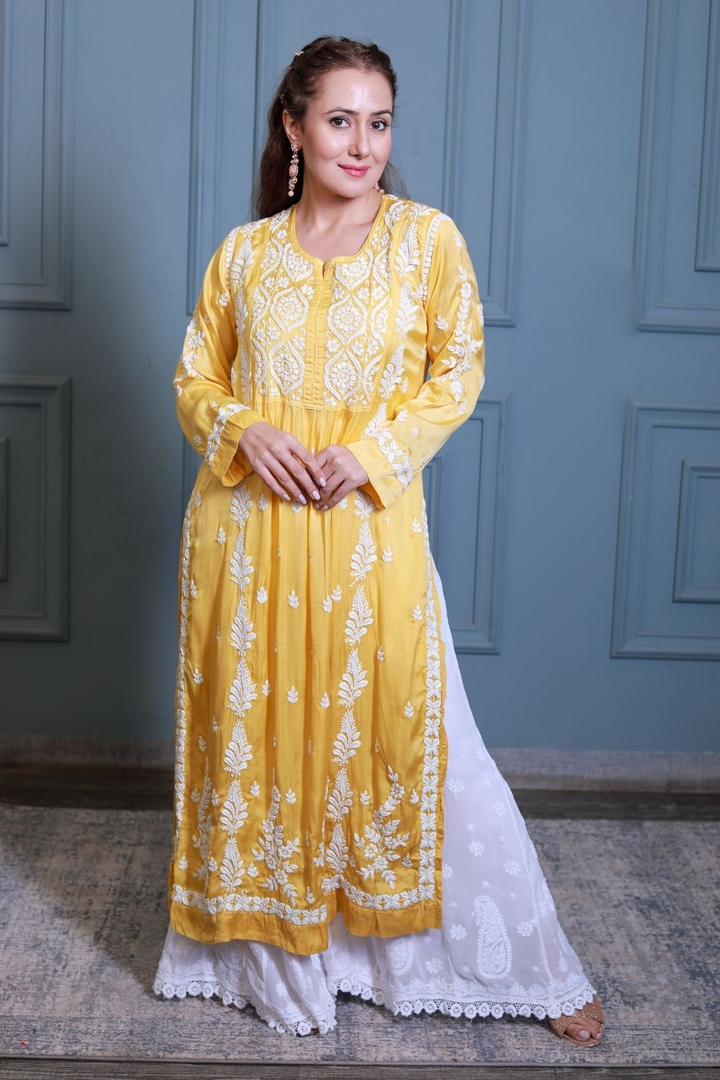 Haniya Modal Satin 3D Chikankari Nayra Cut Kurti