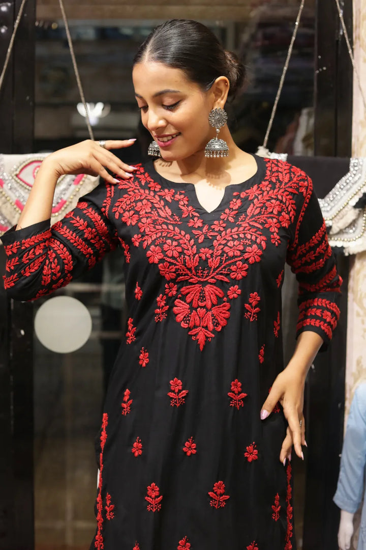 Kausar Rayon 3D Chikankari Designer Black Kurti