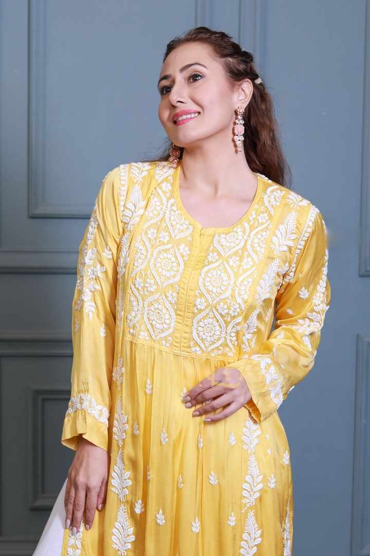 Haniya Modal Satin 3D Chikankari Nayra Cut Kurti