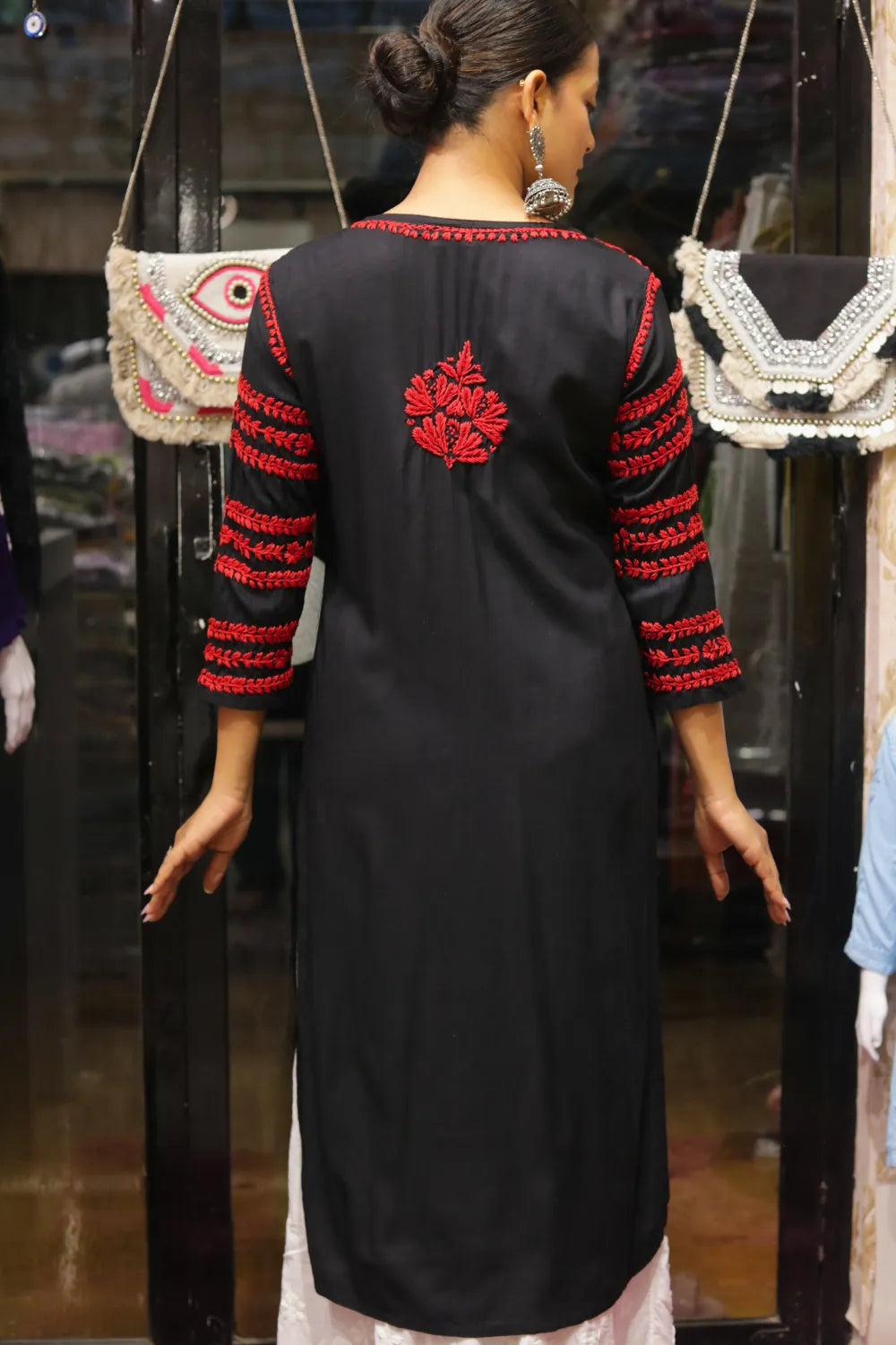 Kausar Rayon 3D Chikankari Designer Black Kurti