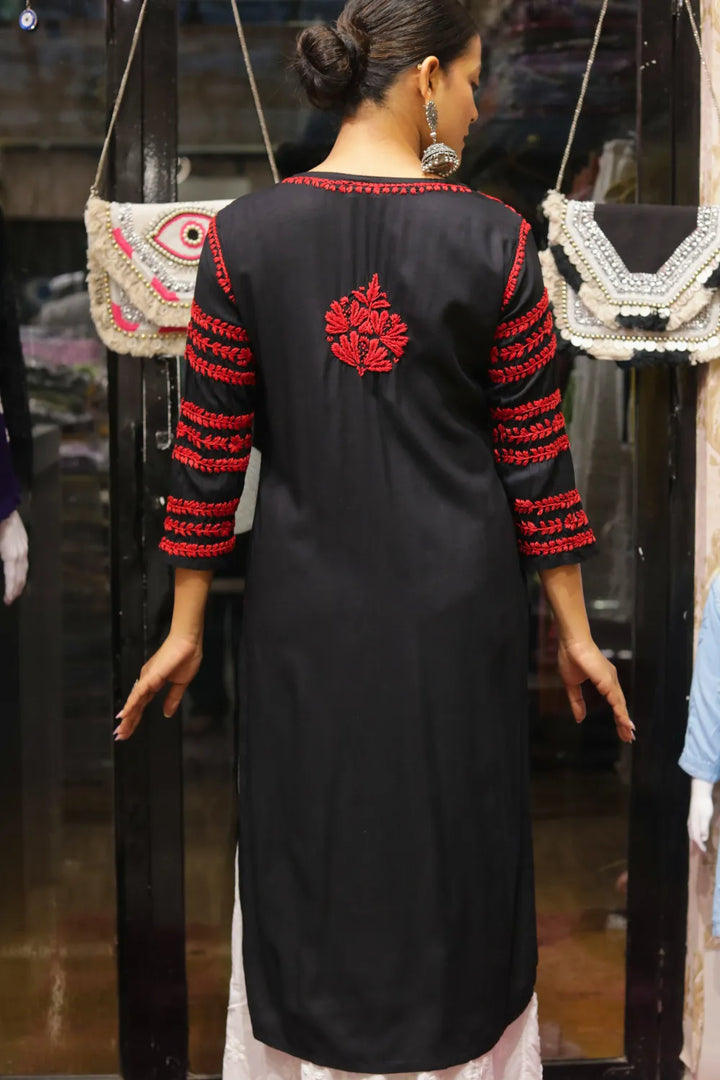 Kausar Rayon 3D Chikankari Designer Black Kurti