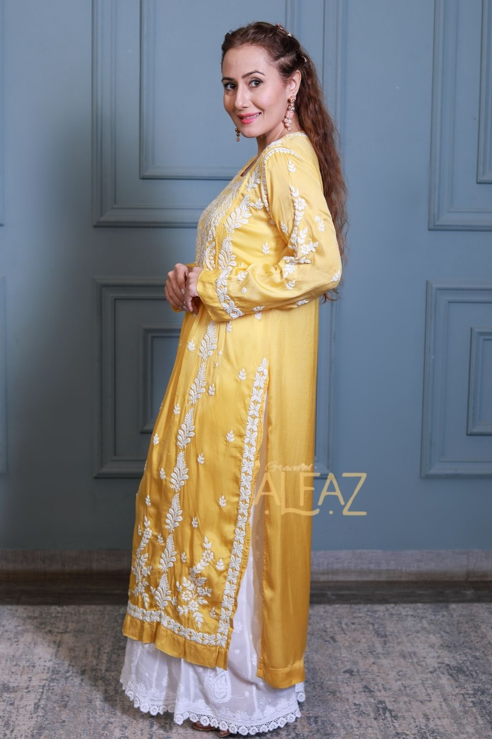 Haniya Modal Satin 3D Chikankari Nayra Cut Kurti