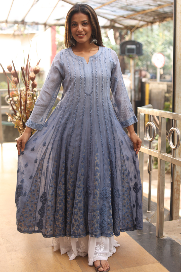 Noor  Premium Mulchanderi  Chikanakri Designer Anarkali Tone To Tone