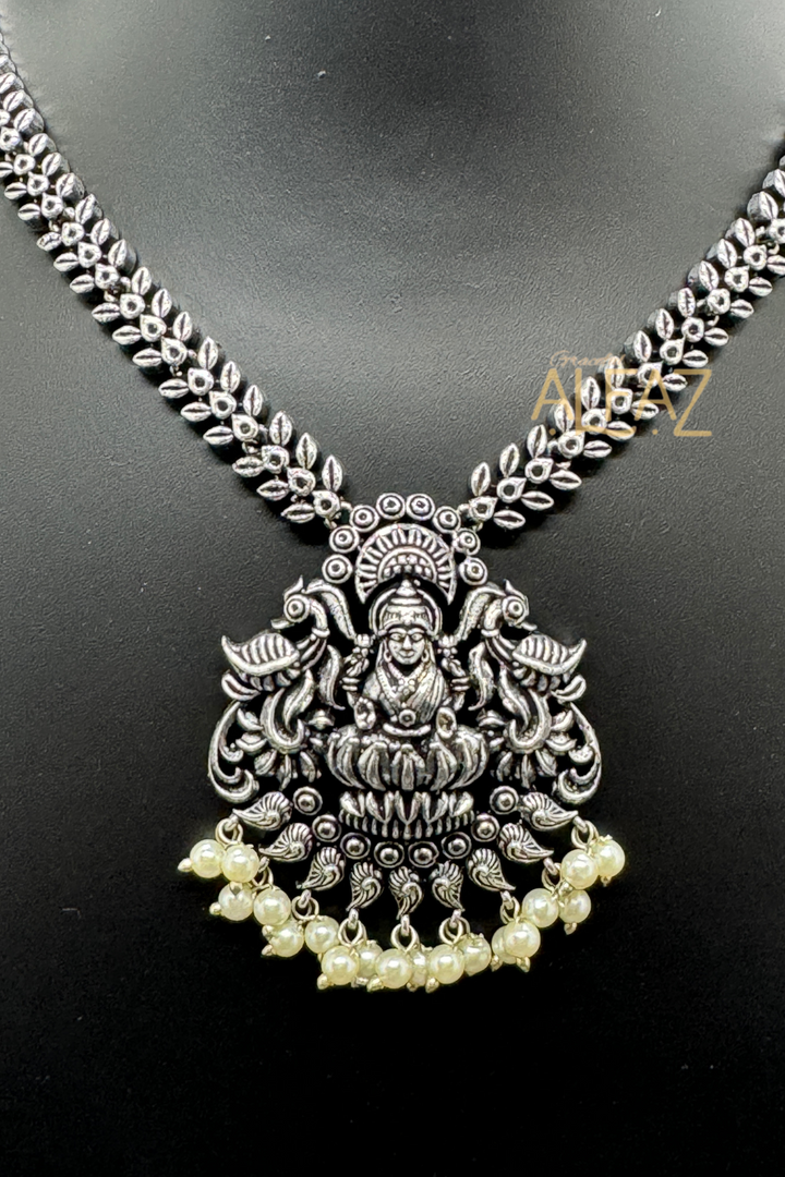 Devi Lakshmi Silver Oxidised Necklace With Earrings