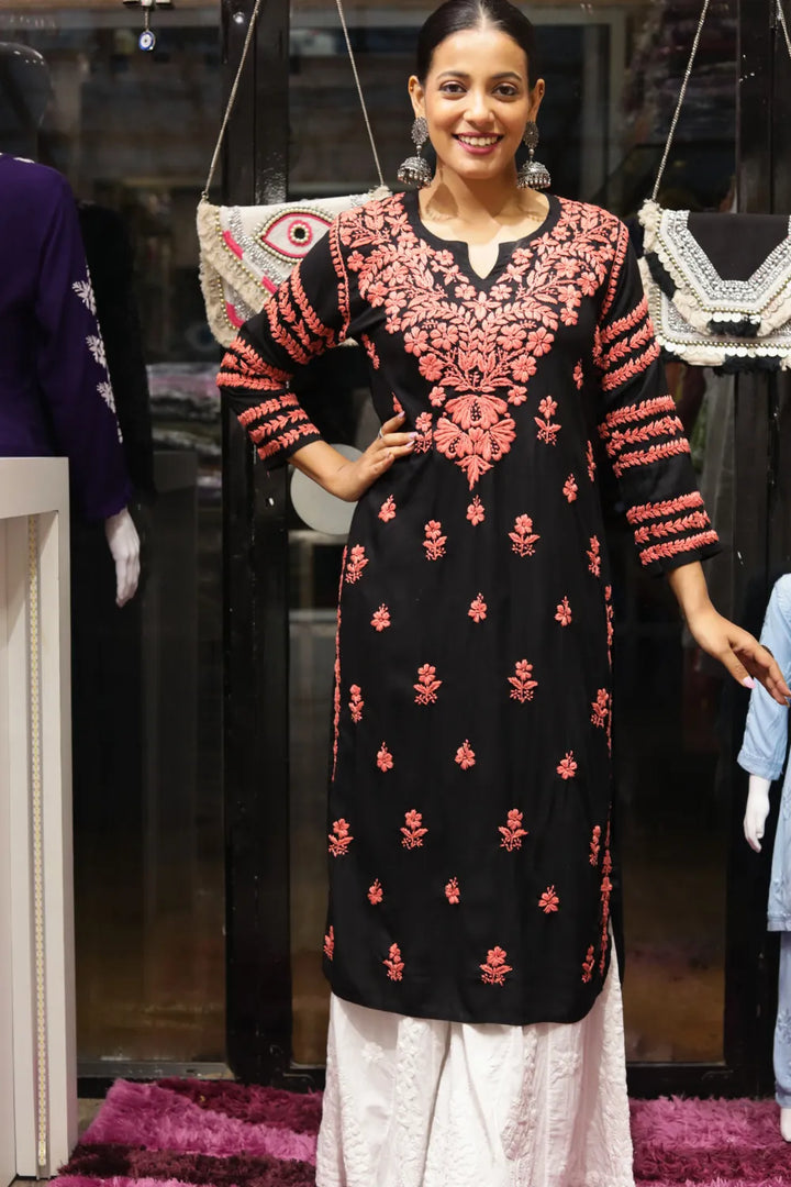 Kausar Rayon 3D Chikankari Designer Black Kurti