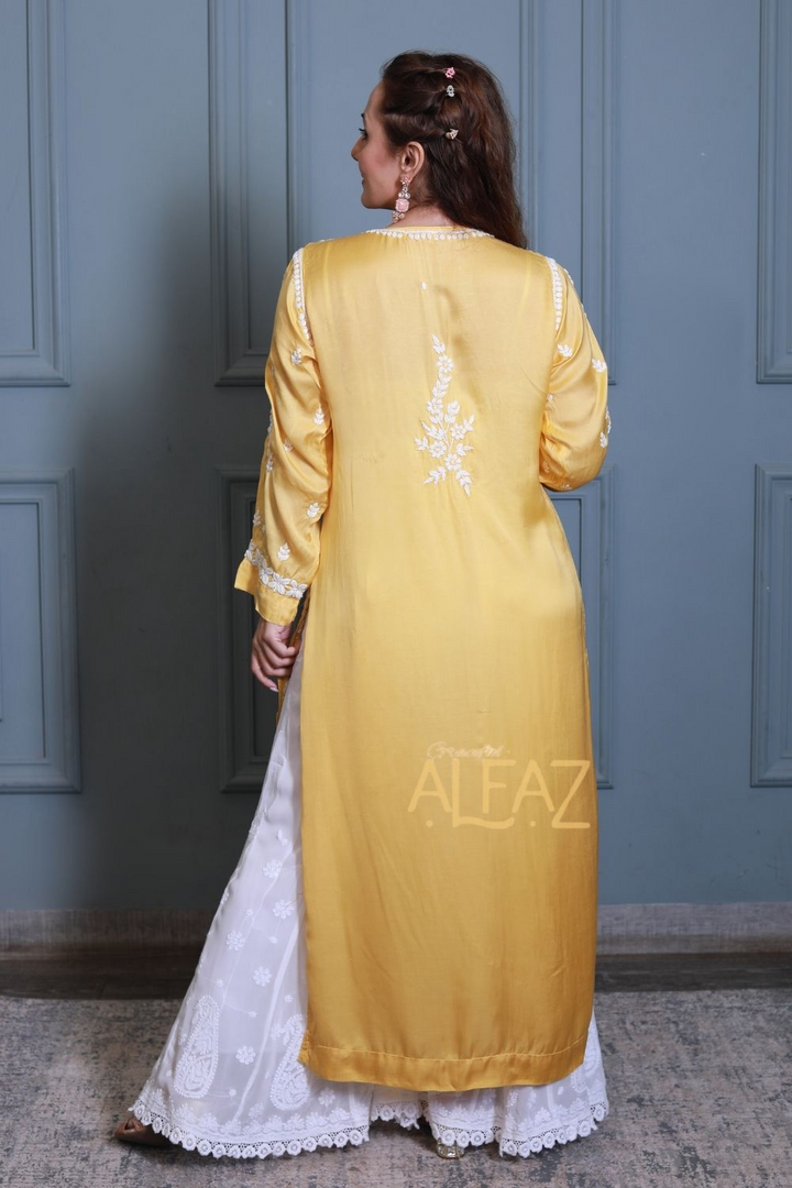 Haniya Modal Satin 3D Chikankari Nayra Cut Kurti