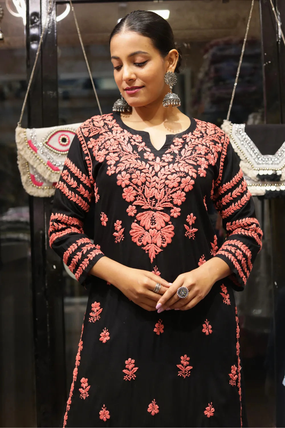 Kausar Rayon 3D Chikankari Designer Black Kurti