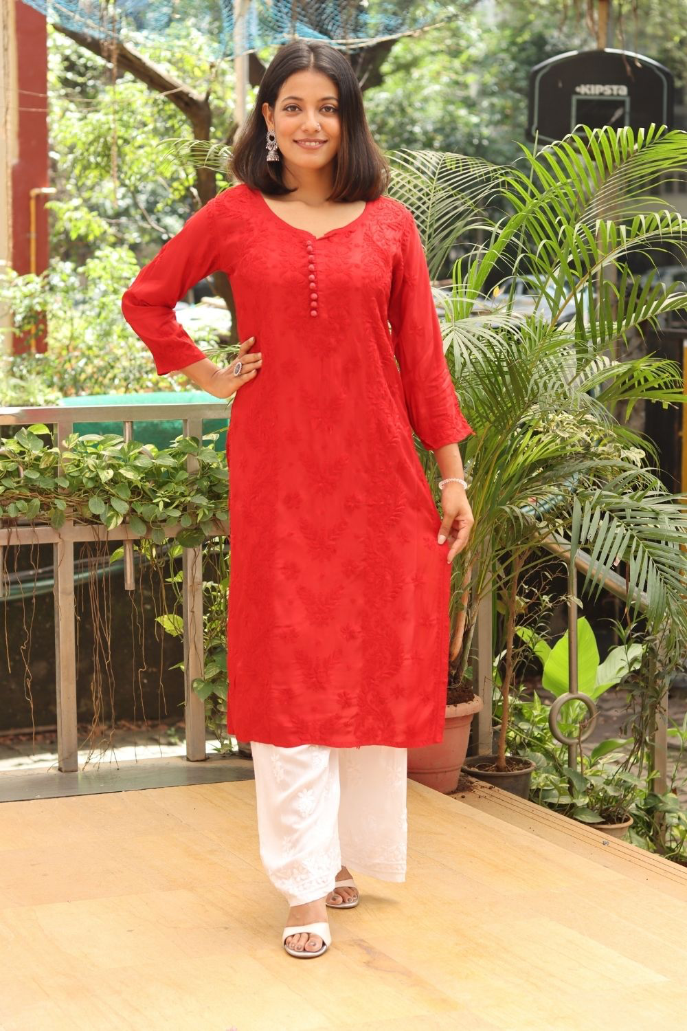 Huda Premium Crepe Silk Chikankari Tone To Tone Kurti