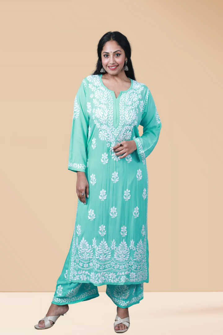 Mehar Modal Chikankari Kurti Palazzo Set | Chikan Kurti Set for Women