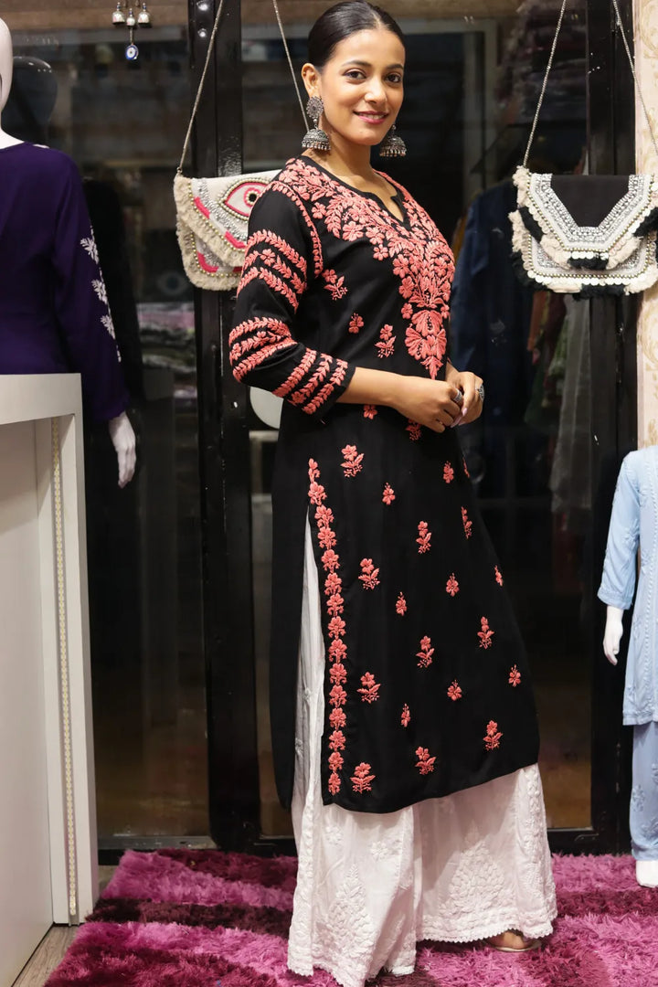 Kausar Rayon 3D Chikankari Designer Black Kurti
