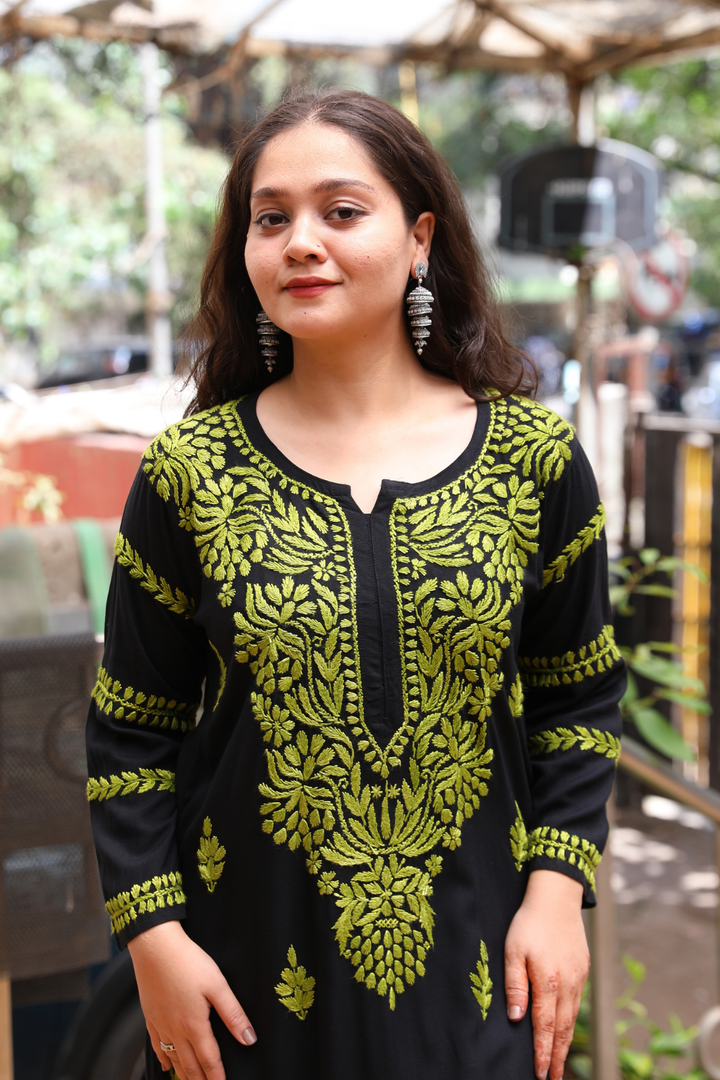 Naila  Rayon Black Multi Long Kurti Chikankari