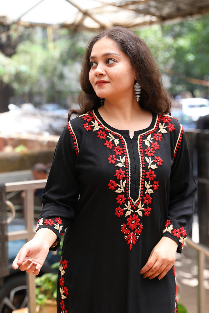 Naaz   Rayon Black Multi Long Kurti Chikankari