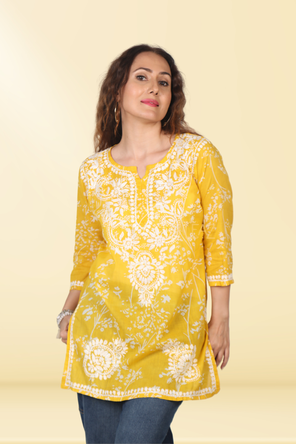 short yellow lucknowi kurtis