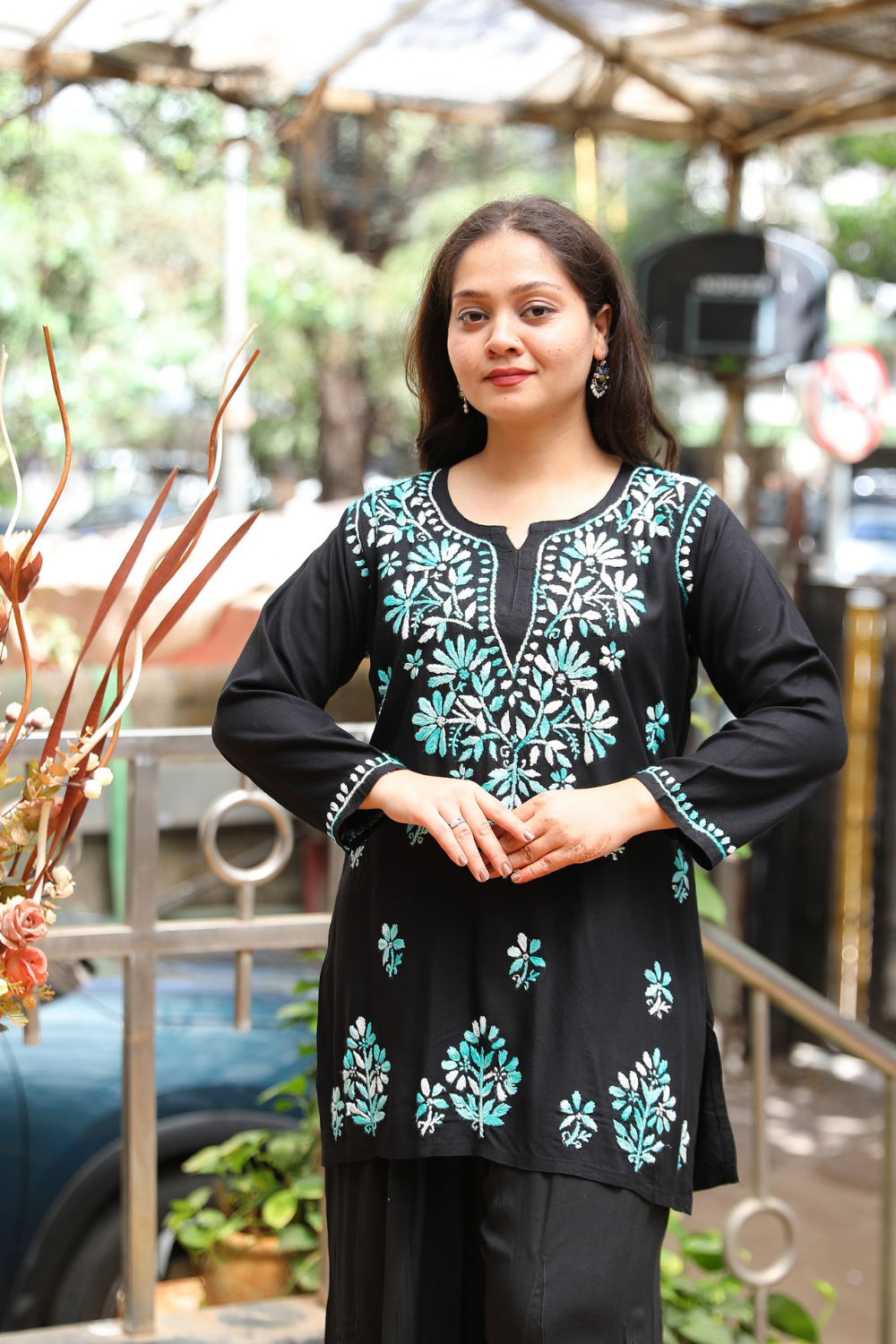 Ruvina Rayon Black Multi Chikankari Short Kurti