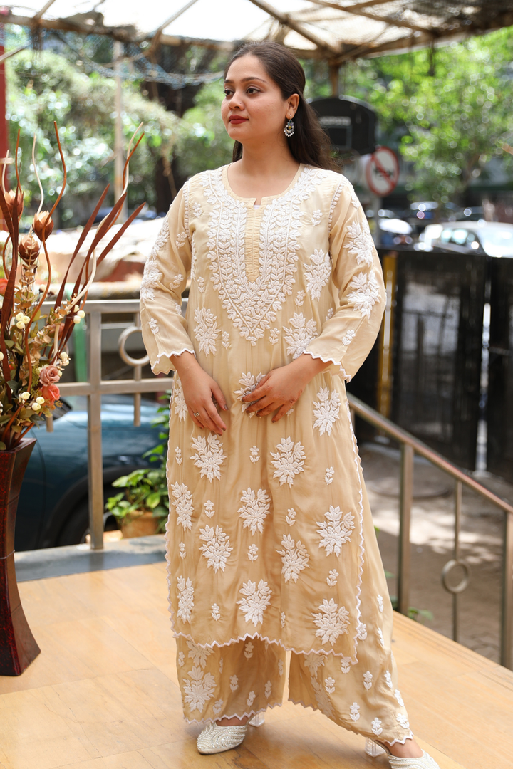 Heer Premium Muslin 3D Chikankari Ombre  Cutwork Kurti Palazzo Set