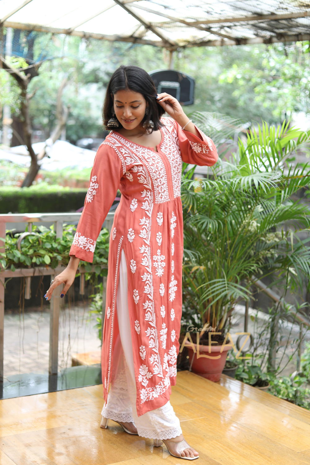 Fiza Premium Muslin Chikankari Nayra Cut Kurti