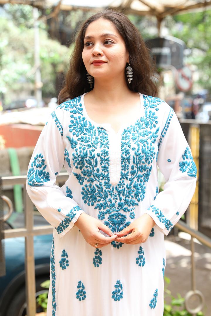 Kausar Rayon 3D Chikankari Designer White Multi