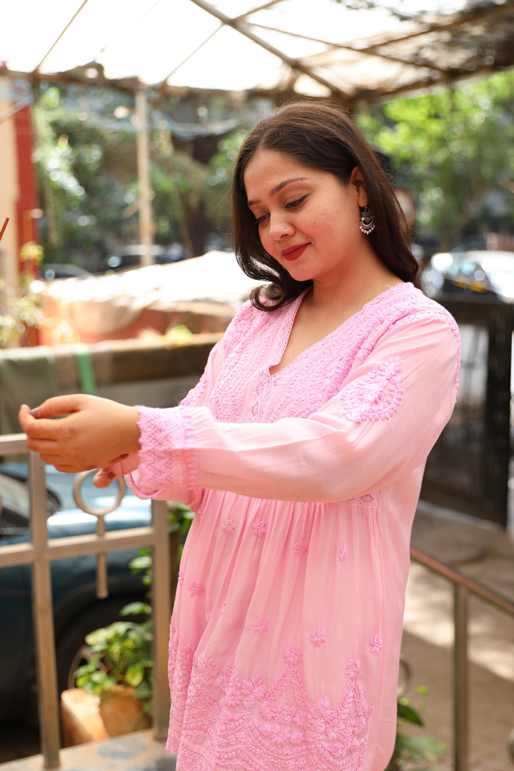 Azra Premium Muslin Chikankari Short  Kurti