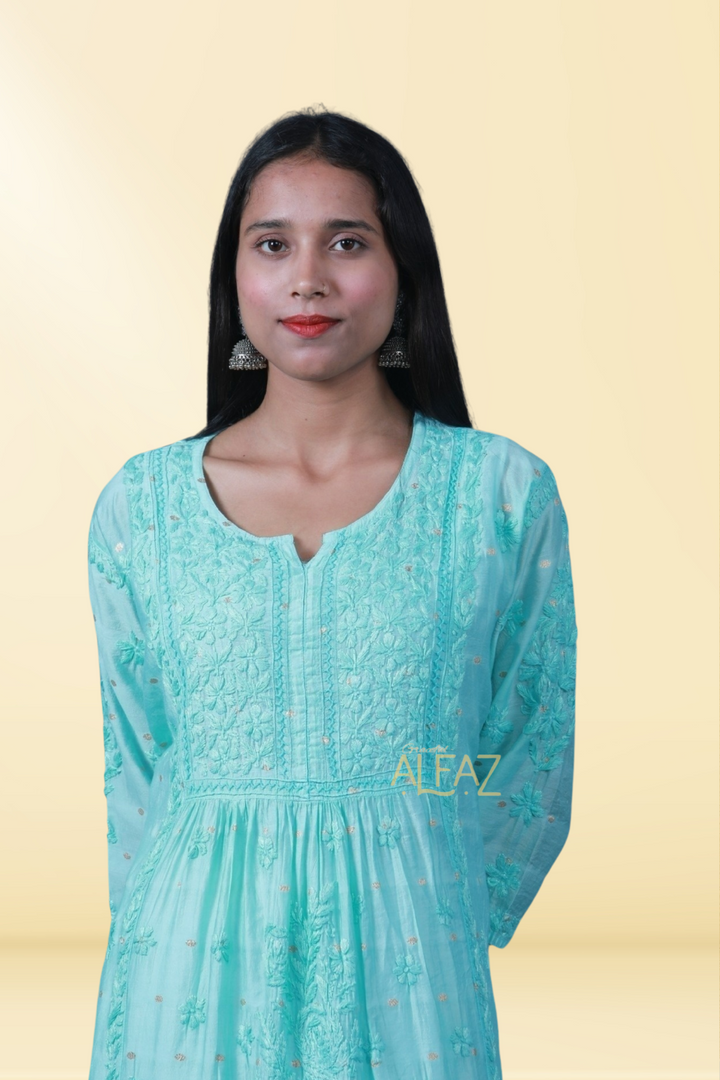 Aziza Chanderi Chikankari Nayara Cut Kurti | Long Chikankari Kurtis