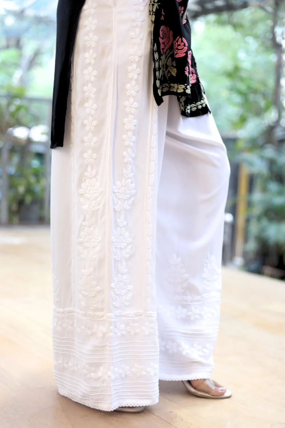 Sonal 3D Chikankari Side Kali White Palazzo