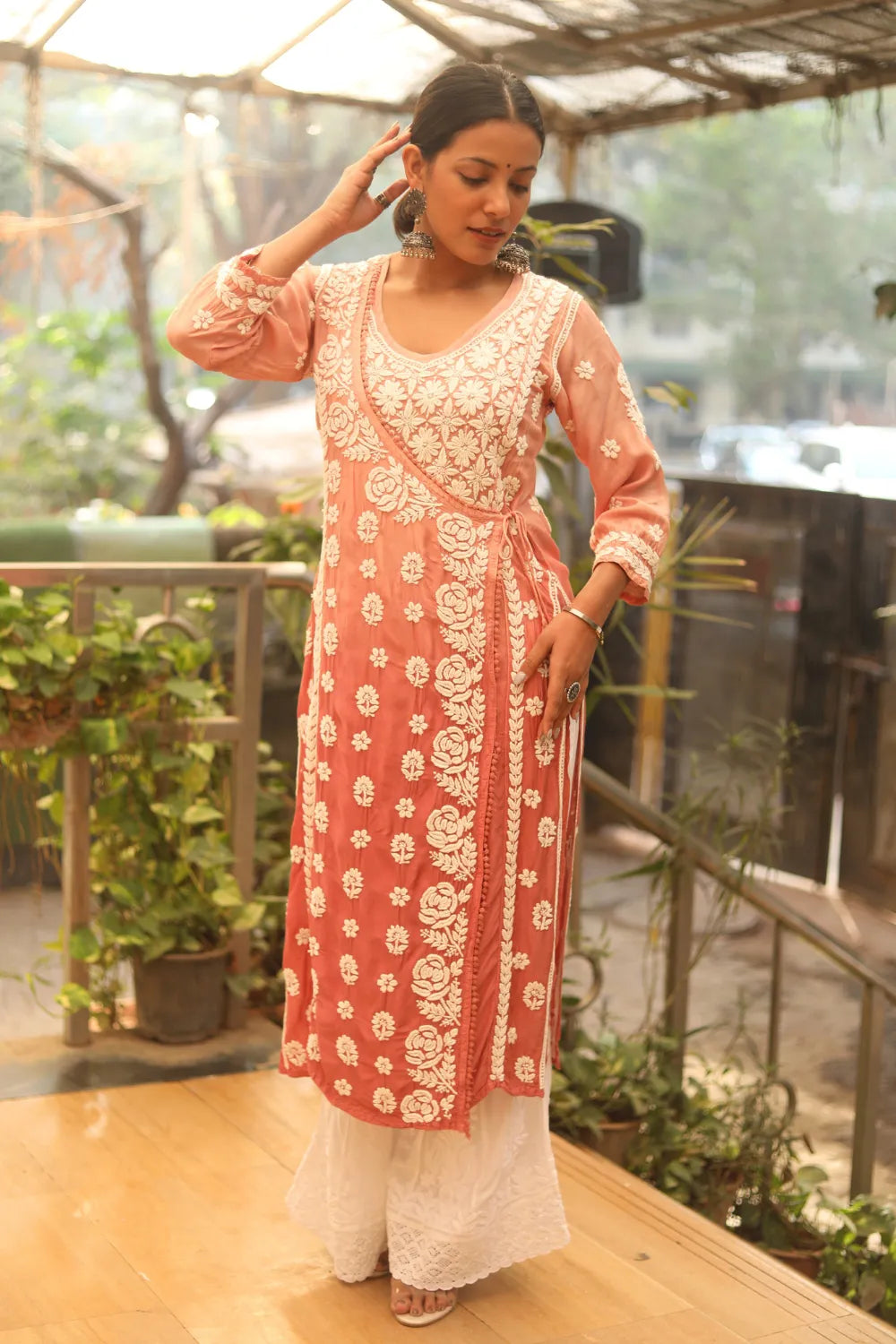 Aya Muslin 3D Chikankari Designer Angrakha Kurti